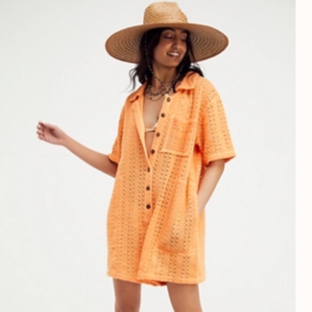Free People Orange Crochet Button-Up Beach Romper